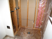 Drywall in master shower is removed