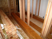 Structural LVL beams are stored inside